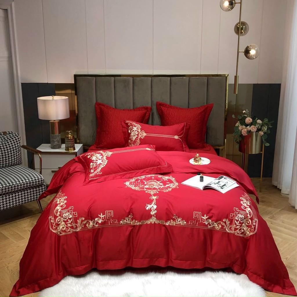 Bộ chăn ga gối Lụa thêu cao cấp 6 món ga trần bông- SALLYPHUONGMAI