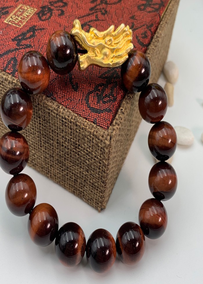 Vòng Đá Mắt Hổ Đỏ Charm Đầu Rồng Bạc Si Vàng