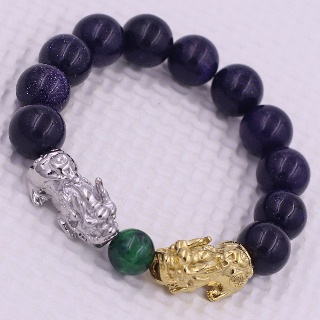 Vòng chuỗi đeo tay đá lam sa 12 ly charm tỳ hưu đôi inox trắng và vàng, vòng chuỗi phong thủy, charm tỳ hưu, vòng tay hạt chuỗi