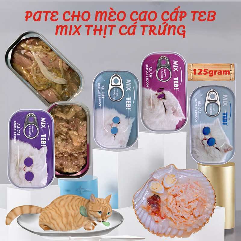 Pate Cao Cấp Cho Mèo Mix Thịt Cá Trứng TEB TM Series Lon 125g - YonaPetshop