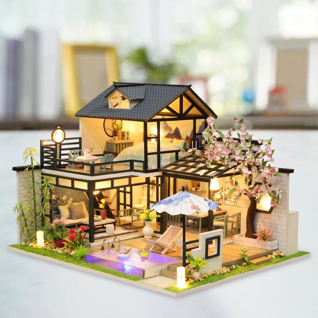 Wooden Dollhouse with Lights and Furniture Accessories, DIY Romantic Creative Villa House Room Set Gift for Ages 3+