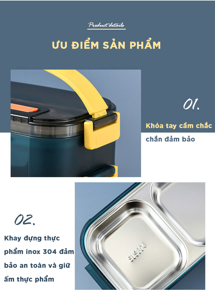 Hộp cơm giữ nhiệt văn phòng YESURE 1200ml Hai Tầng có ngăn Inox Tháo rời dễ dàng cho vào lò Vi Sóng - Hàng chính hãng