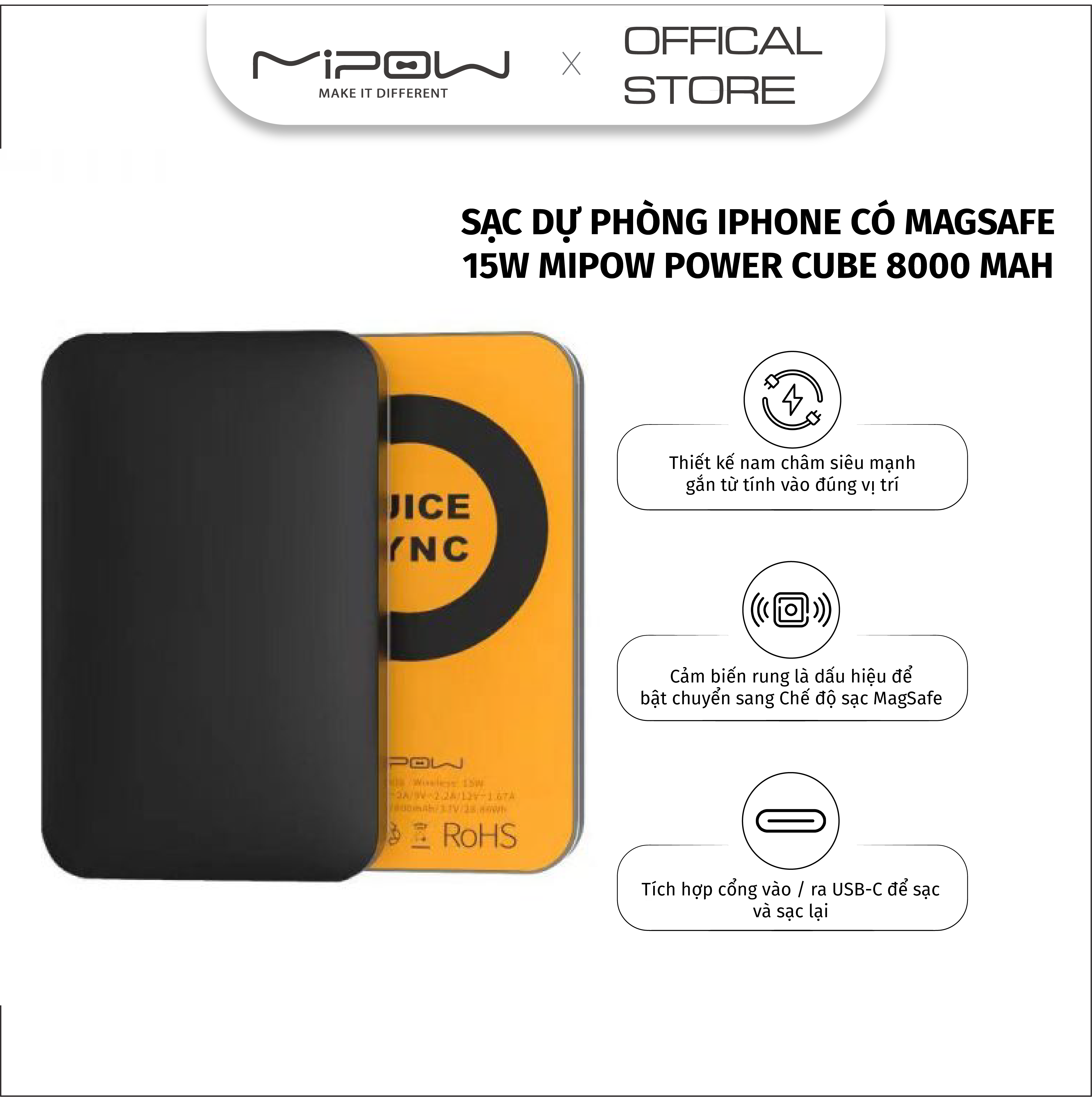 Sạc dự phòng không dây 15W MIPOW POWER CUBE 8000 mah - Hàng Chính Hãng