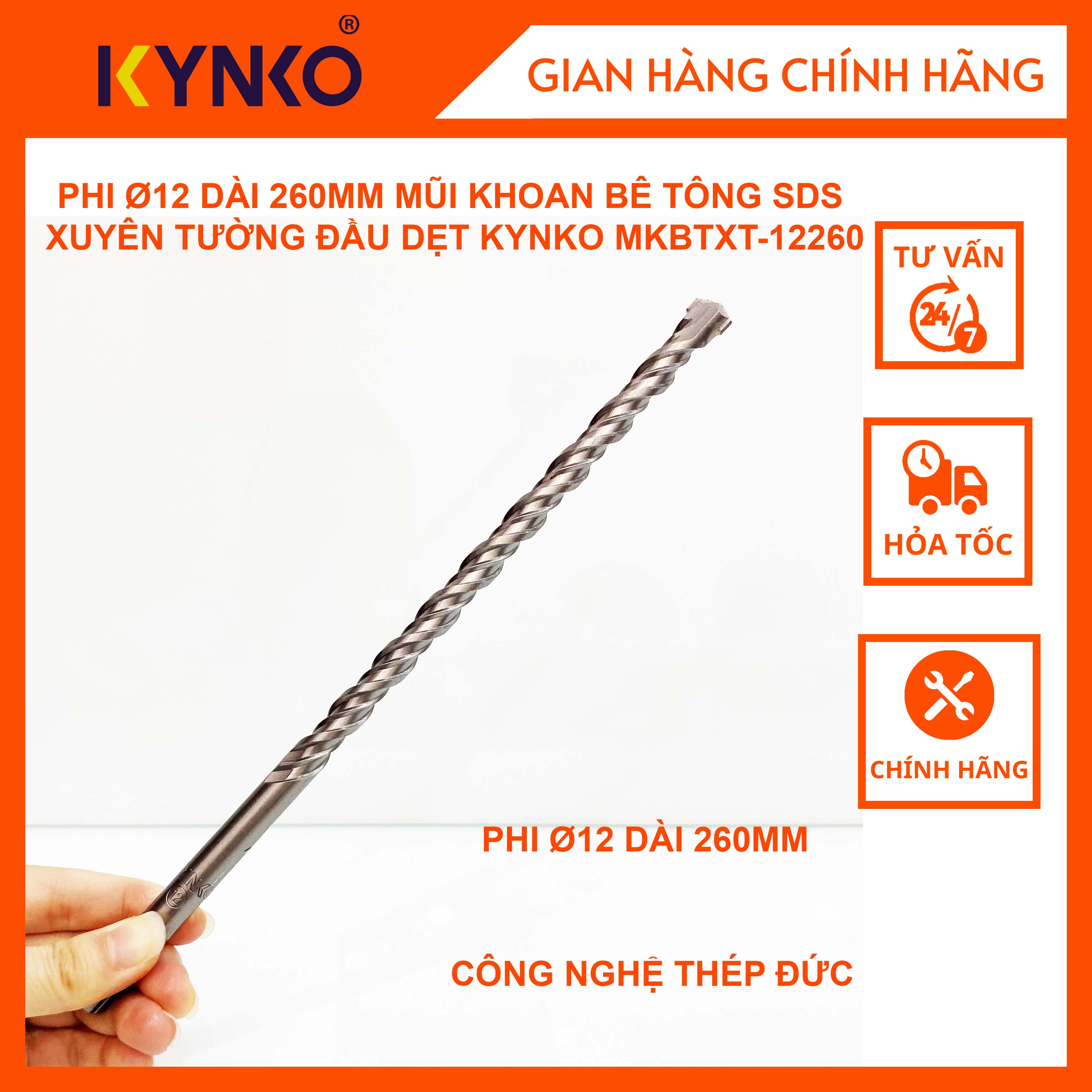 PHI Ø12 DÀI 260MM MŨI KHOAN BÊ TÔNG SDS XUYÊN TƯỜNG ĐẦU DẸT KYNKO MKBTXT-12260