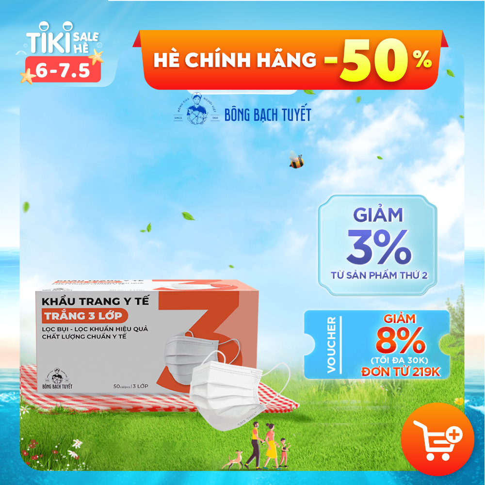 Khẩu trang Bông Bạch Tuyết 3 lớp trắng (50 cái/hộp)