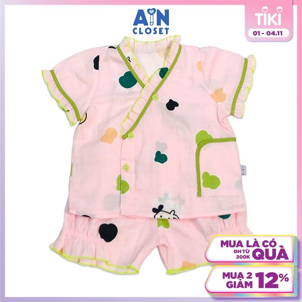 Bộ quần áo ngắn bé gái họa tiết Bò sữa nền hồng xô sợi tre - AICDBG2URGT0 - AIN Closet