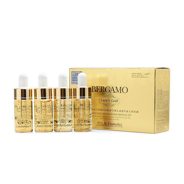 Set 4 chai Siêu tinh chất dưỡng trắng và tái tạo da Bergamo Luxury Gold Caviar Intense Repair Ampoule 13ml x4