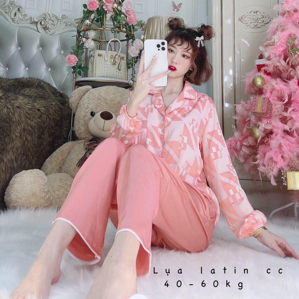 Đồ bộ nữ mặc nhà, đồ ngủ Pijama dễ thương lụa latin tay dài quần dài, Freesize dưới 60kg MYSTORE S24