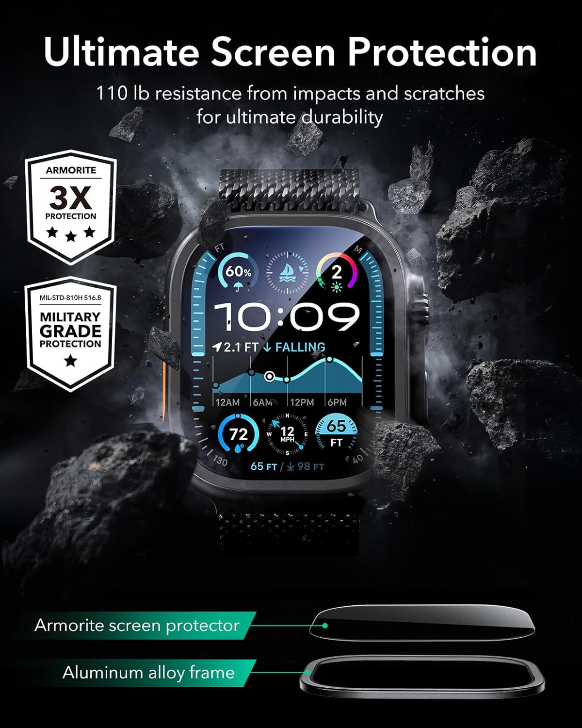 Kính Cường Lực Viền Kim Loại cho Apple Watch Ultra 3 49mm ESR Armorite Screen Protector – Hàng Chính Hãng