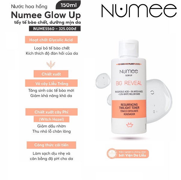 Nước hoa hồng Numee Glow Up tẩy tế bào chết, dưỡng mịn da 150ML