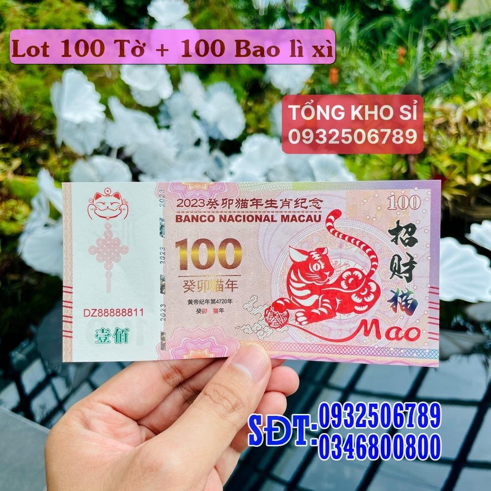 Xấp 100 Tờ Tiền Hình Con Mèo 100 Macao lưu niệm Lì Xì Tết 2023