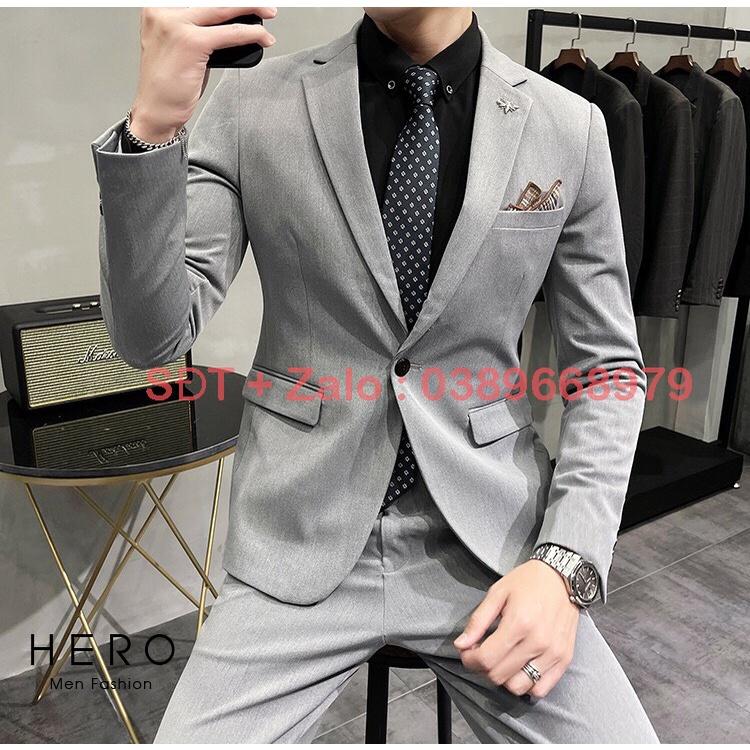 Bộ Vest Nam Cao Cấp màu Ghi Xám chất vải dày dặn, Bộ Suit Nam Hàn Quốc Màu Ghi Xám