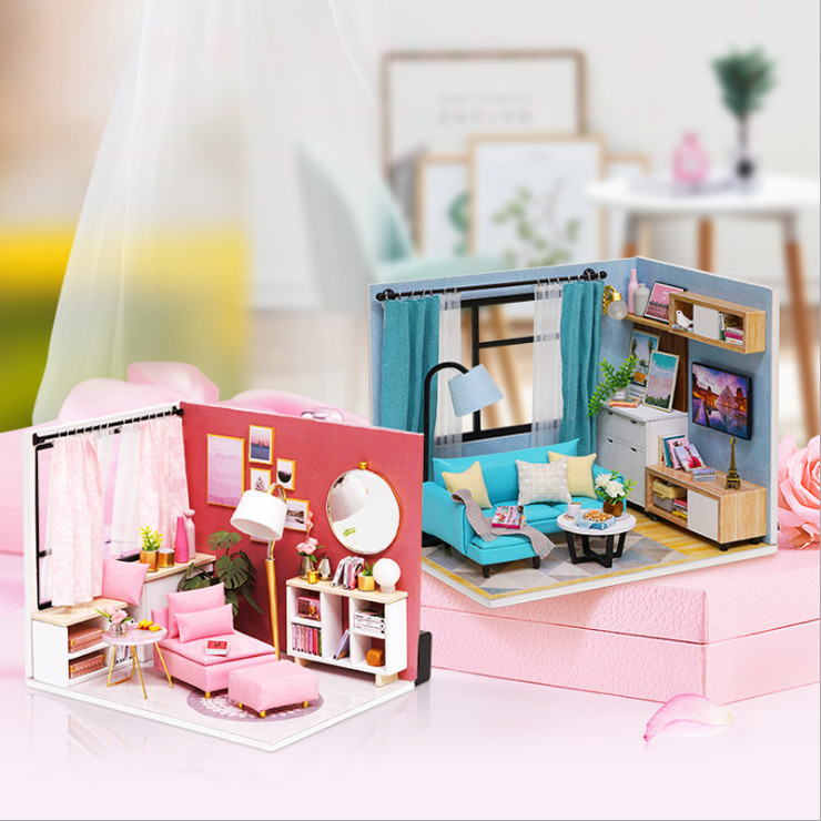 Mô hình nhà DIY Doll House Corner of Living Room Kèm Đèn LED và MICA chống bụi