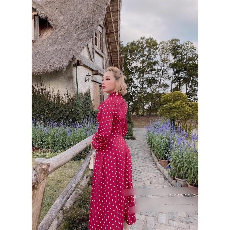 Váy đầm maxi chấm bi cổ sơ mi phối nơ vintage uzzlang