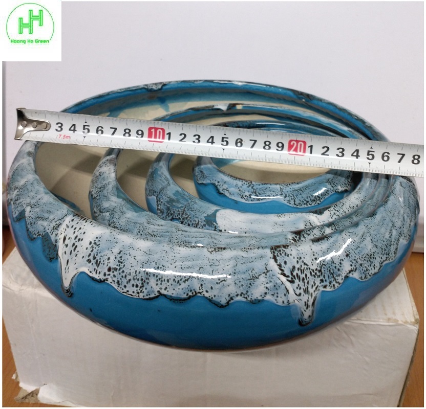 Bộ 4 Chậu gốm sứ BT trồng hoa, cây bonsai đủ kích thước, hoa văn độc đáo - Màu xanh ngọc bích