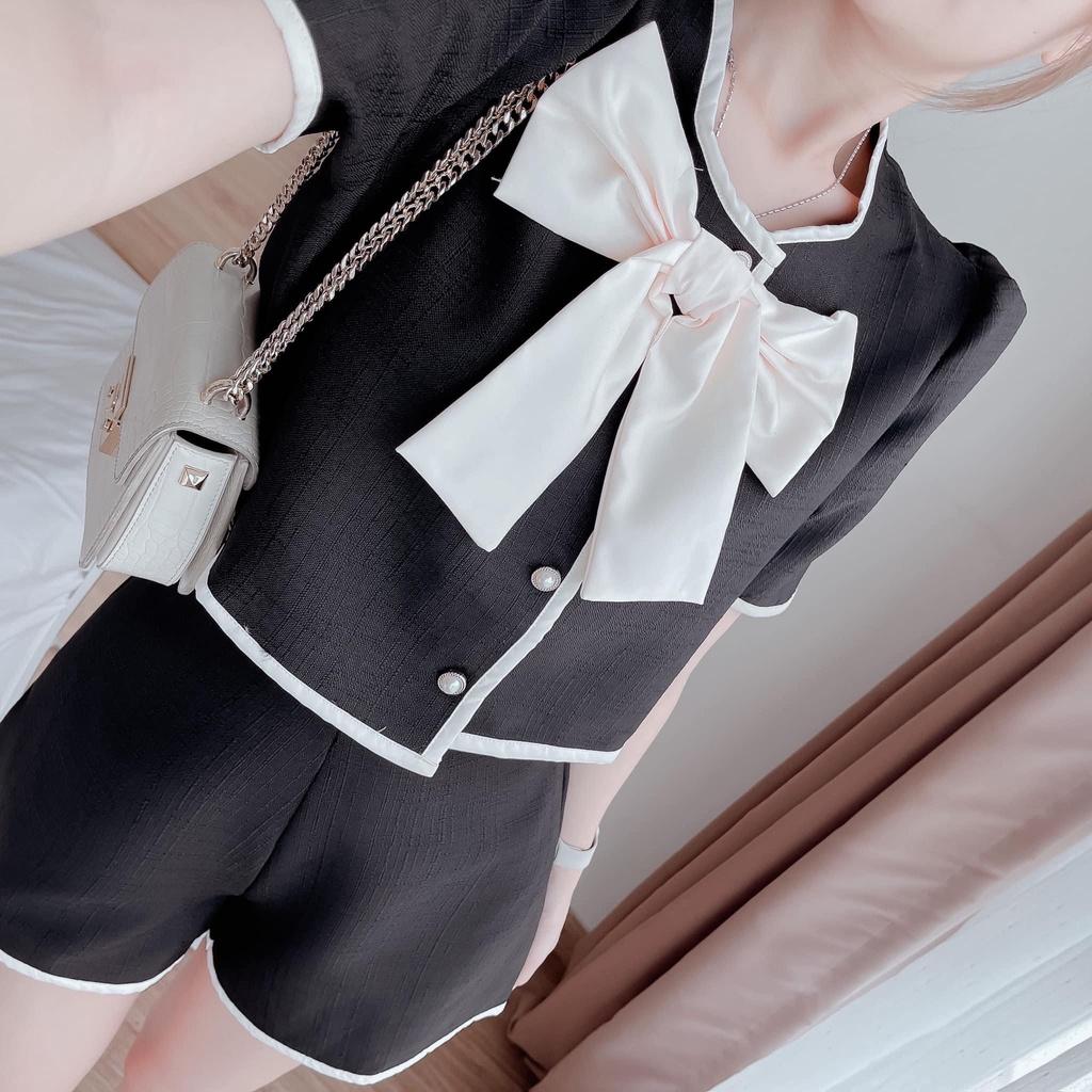 FREESHIP Set bộ đồ nữ áo croptop phối viền đính nơ đơn giản cute dành cho các tình yêu đi chơi, dạo phố KIM GIA DS