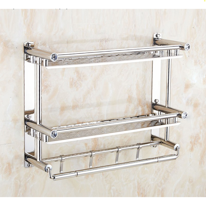 Kệ inox, giá inox dán tường 2 tầng có móc treo 60cm RE0161