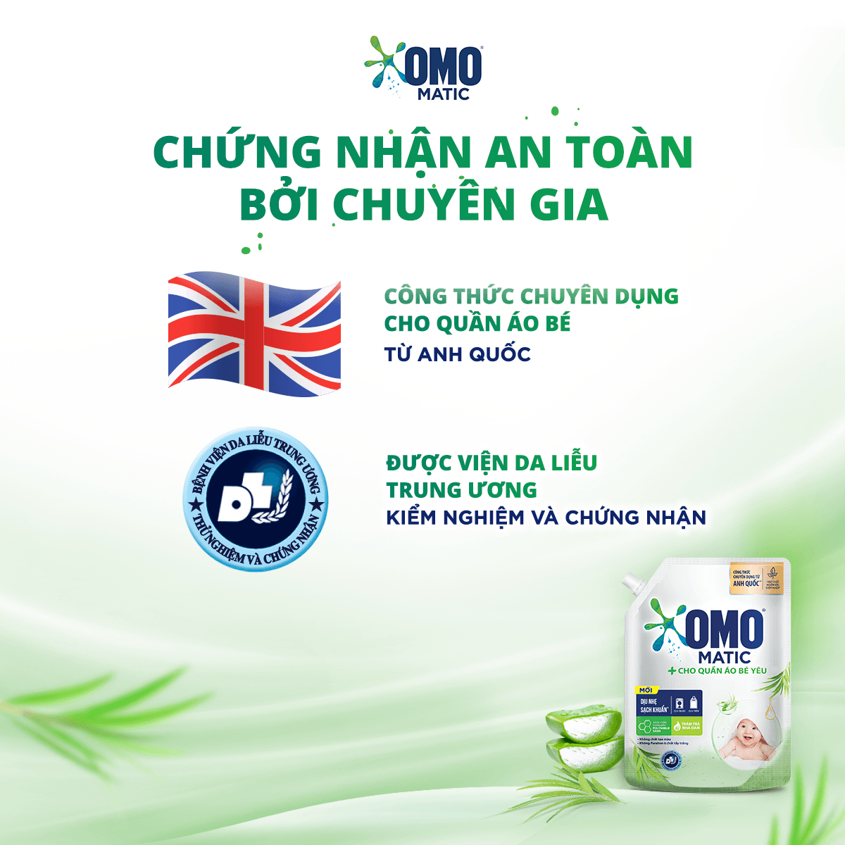 Túi Nước Giặt Omo Matic Cho Quần Áo Bé Yêu Chiết Xuất Tràm Trà Và Nha Đam Dịu Nhẹ, Sạch Khuẩn 3.6Kg