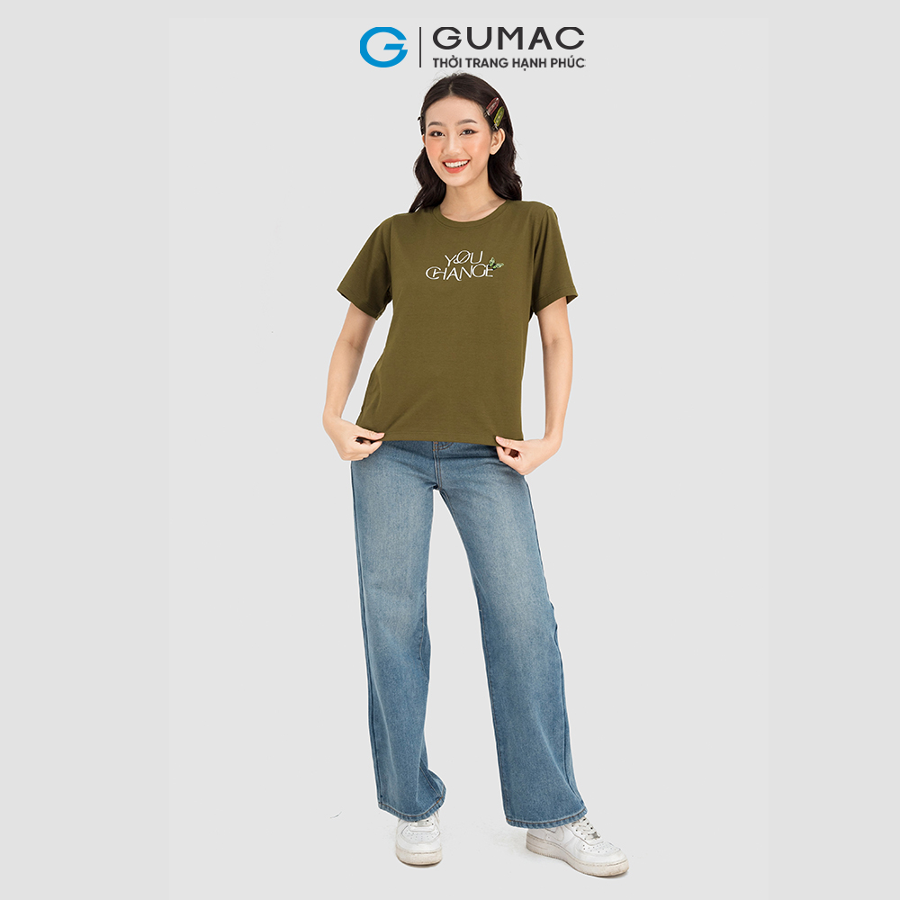 Áo in chữ xẻ tà GUMAC ATC08011 cổ tròn màu xanh đen