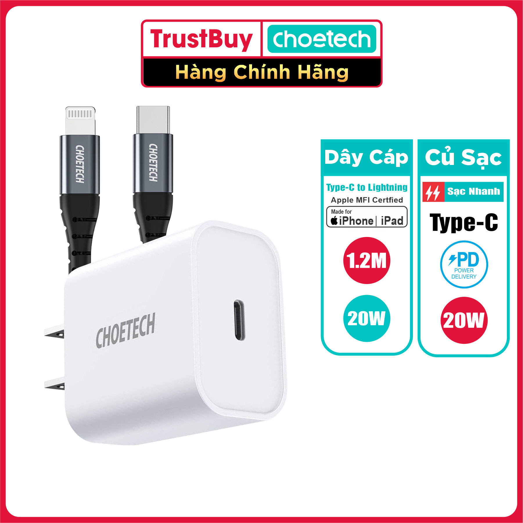 Bộ Củ Sạc CHOETECH PD 3.0 20W PD5005-W Và Cáp Type-C To Lightning MFI Apple 1.2M IP0039 Sạc Nhanh 20W cho iPhone, cho iPad - Hàng Chính Hãng