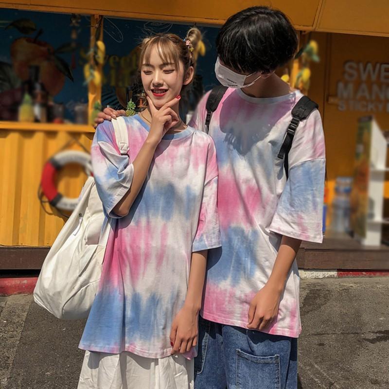 Women's Casual Round Neck Tie Dye Print Short Sleeve Loose Pullover Simple T-Shirt