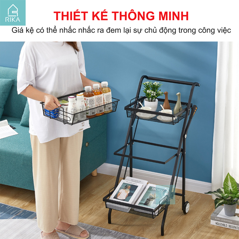 Kệ xe đẩy để đồ đa năng nhà bếp spa phòng tắm RIKA KDN-03, 3 tầng có bánh xe, kệ giá để trái cây, xoong nồi rau củ quả