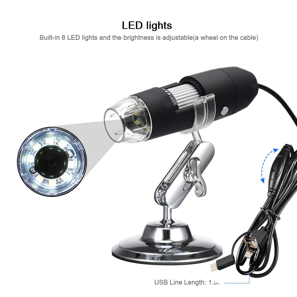 Kính lúp kính hiển vi zoom kỹ thuật số USB với chức năng OTG 8-LED Độ phóng đại 1600X có chân đế