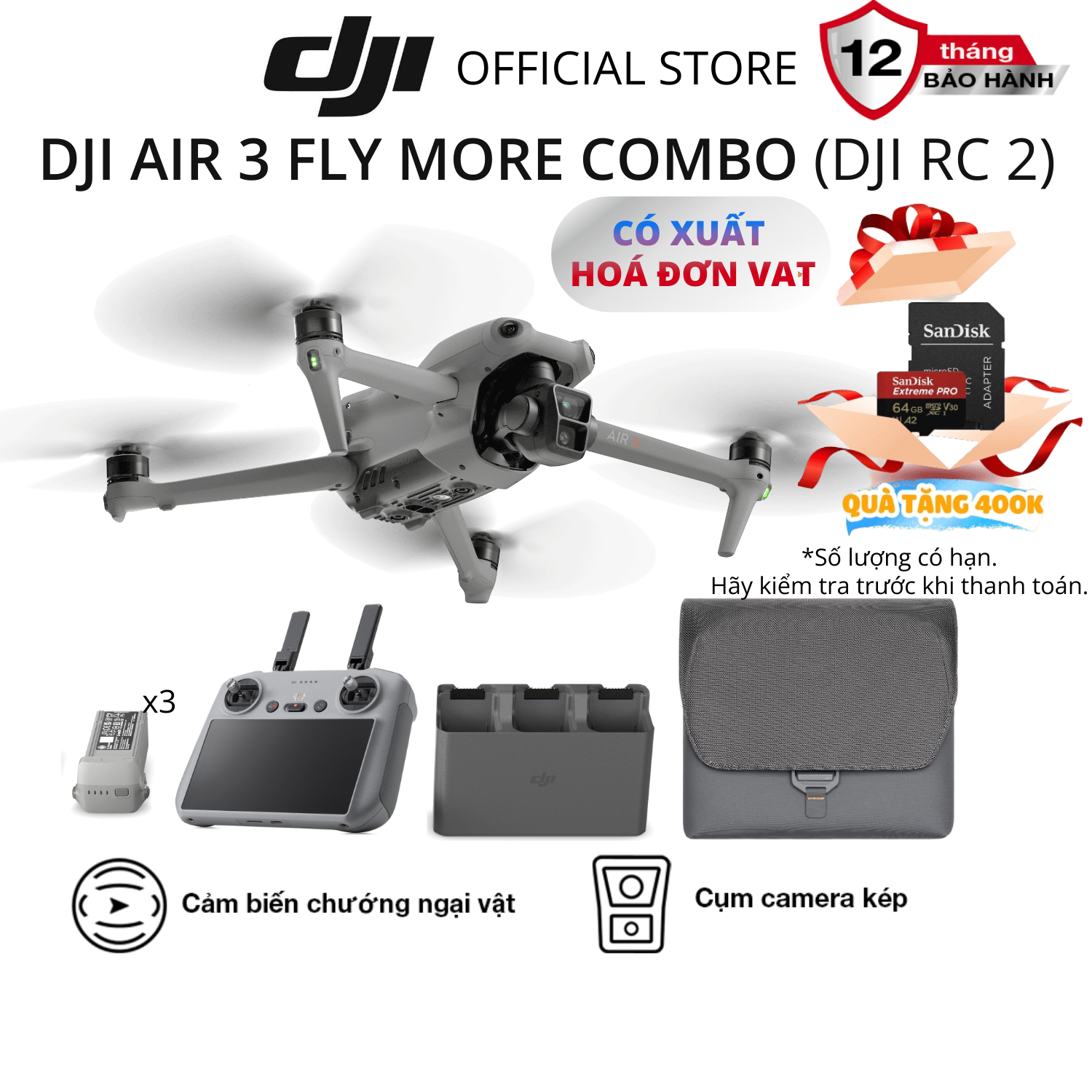 Flycam DJI Air 3 Fly More Combo kèm điều khiển có màn hình (DJI RC 2) camera kép quay video chất lượng 4K HDR - Hàng chính hãng