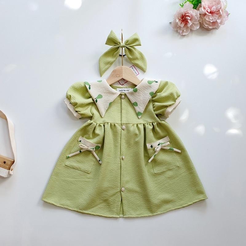 Váy Màu Xanh Cốm Cúc Ngọc Bé Gái 4 - 28kg Chất Đũi Xốp Mềm