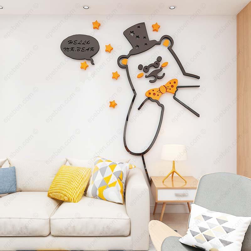 Tranh dán tường mica 3d decor khổ lớn gấu lớn lịch lãm trang trí mầm non, mẫu giáo, phòng cho bé