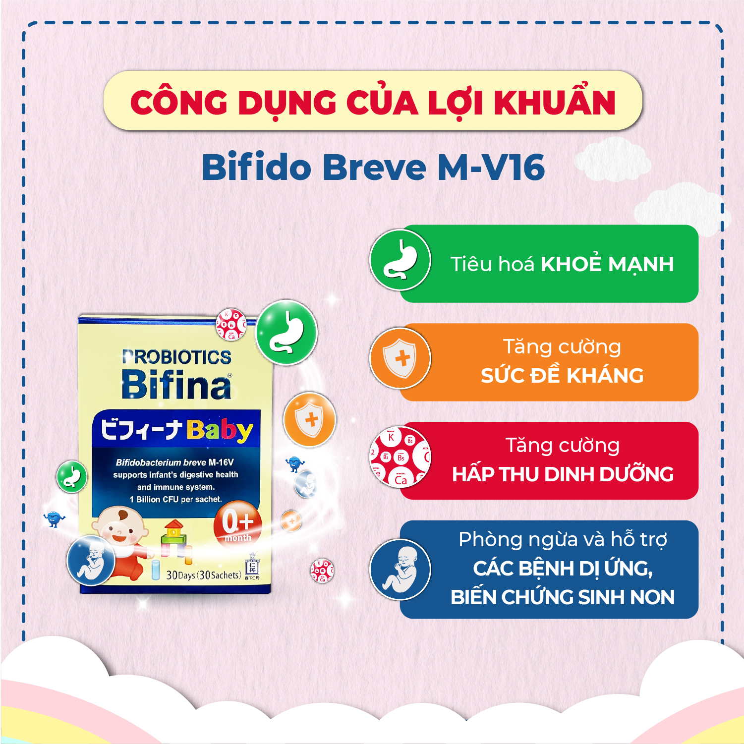 Phòng ngừa biến chứng cho trẻ sinh non và mổ, dùng sữa công thức -Men vi sinh cho bé Bifina Baby Nhật Bản- Hộp 30 gói 