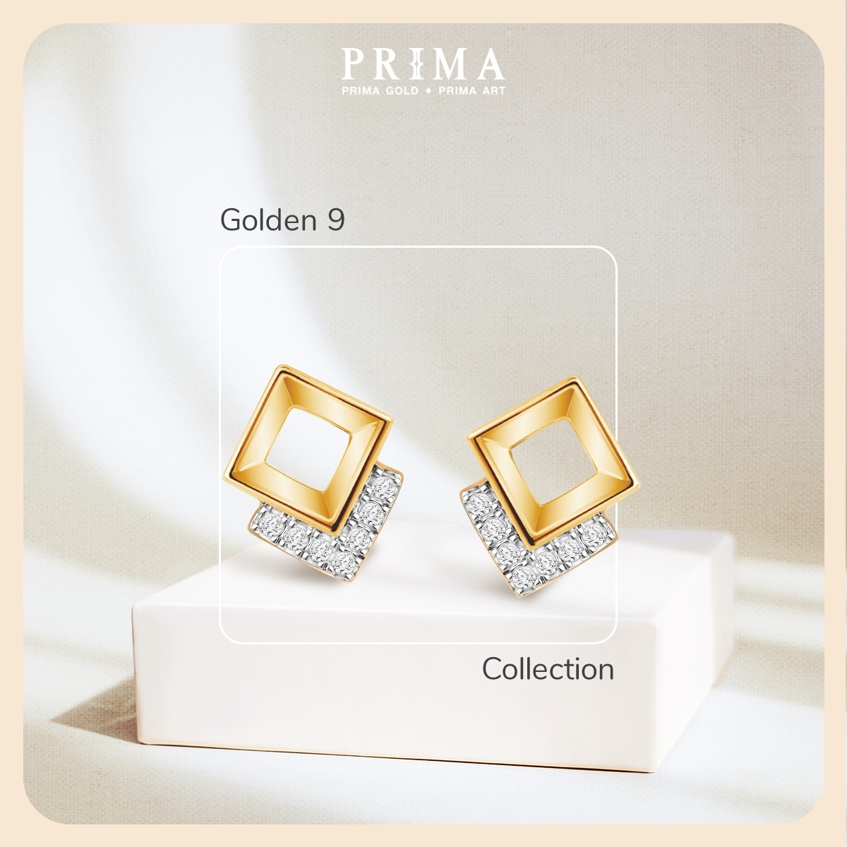 Bông tai vàng vuông đính đá - PRIMA - 991E1329