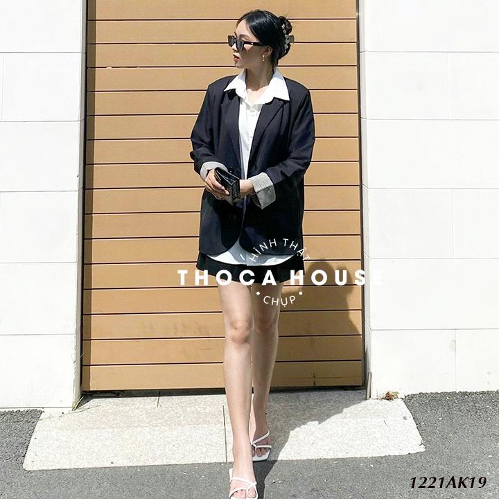 Áo khoác vest công sở blazer Hàn Quốc 2 lớp tay áo phối kiểu caro THOCA HOUSE đen, nude trưởng thành