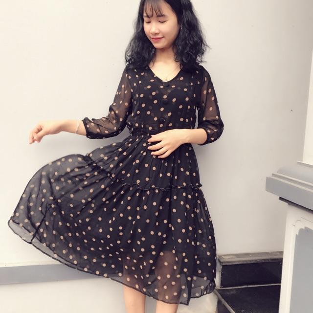Váy voan chấm bi màu đen khoá dọc con bú sz S-Xl