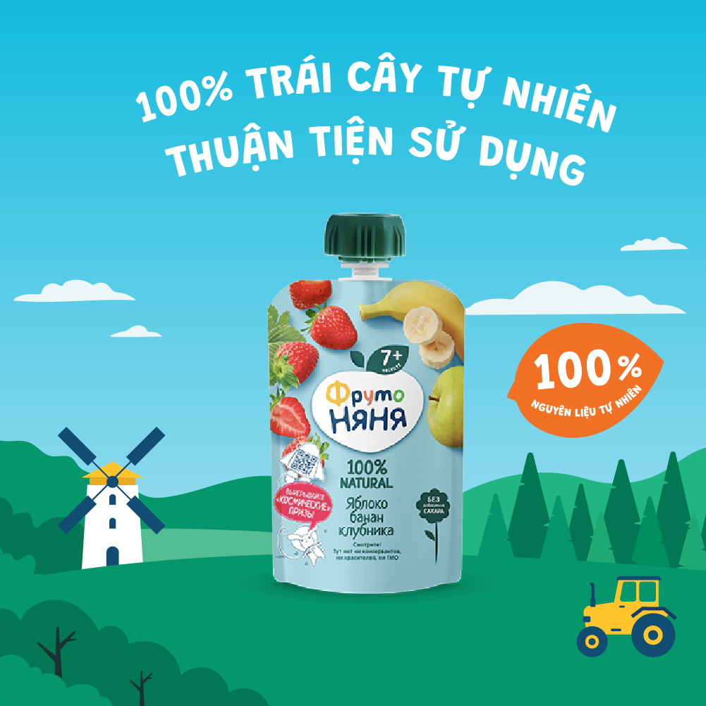 Thùng 12 Gói Trái cây nghiền vị táo, chuối và dâu tây Fruto Nyanya 90g