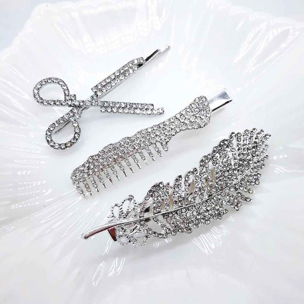 Set 3 Kẹp Tóc Đính Đá Lá Kéo Lược Hàn Quốc Cao Cấp