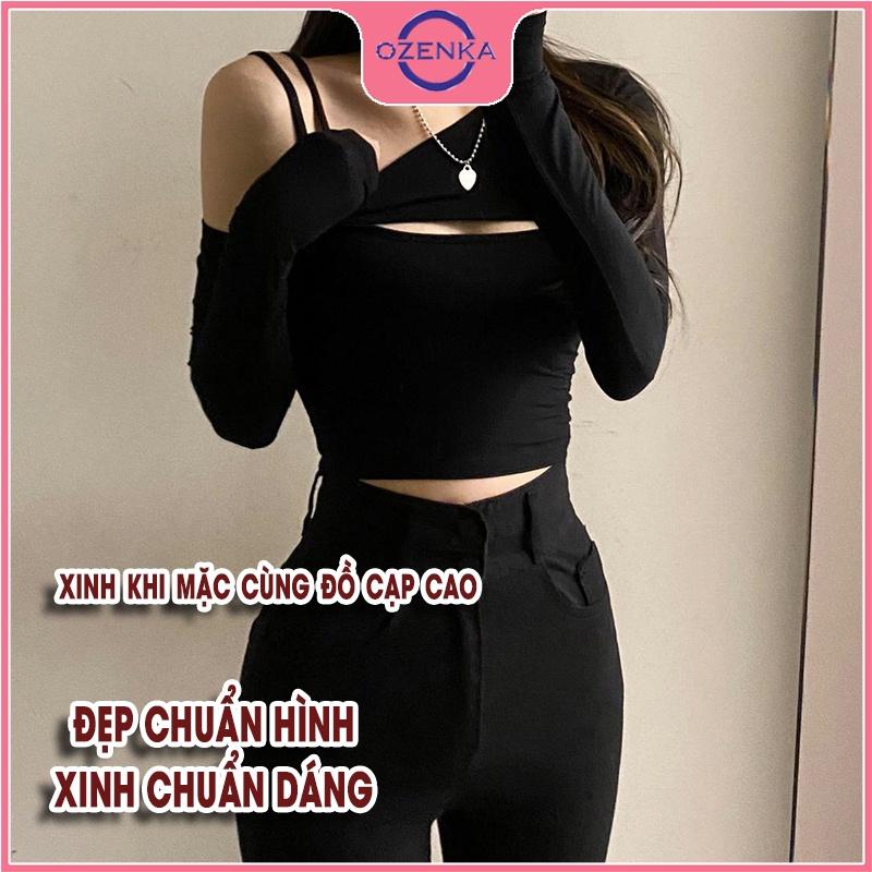 Áo croptop kiểu hàn quốc nữ, set áo croptop dài tay trễ vai kèm áo 2 dây ôm body thun gân cotton màu đen trắng