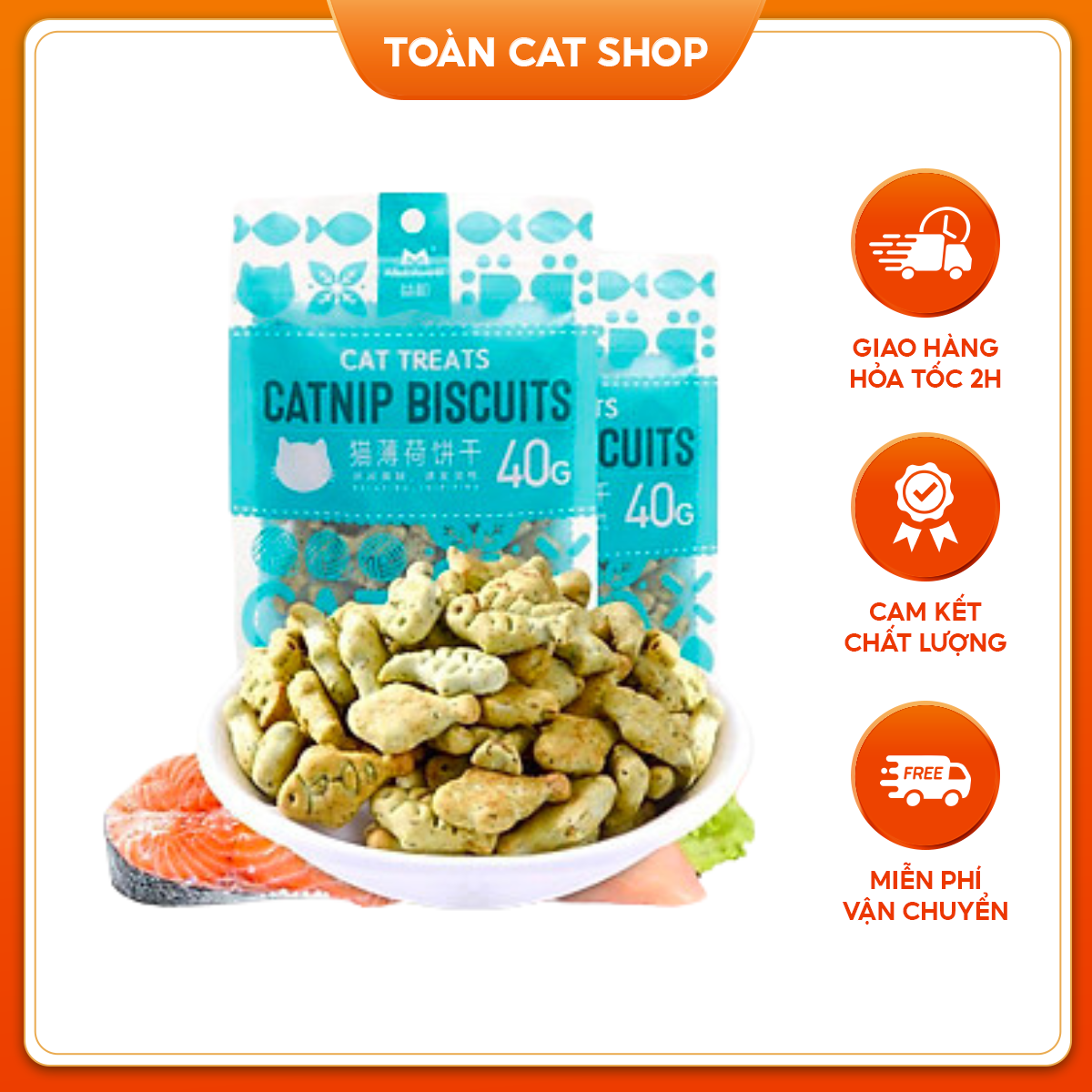 Bánh Thưởng Catnip Biscuits Giảm Búi Lông Viêm Răng Hôi Miệng Cho Mèo Gói 40g, Bánh Quy Cá Cho Mèo