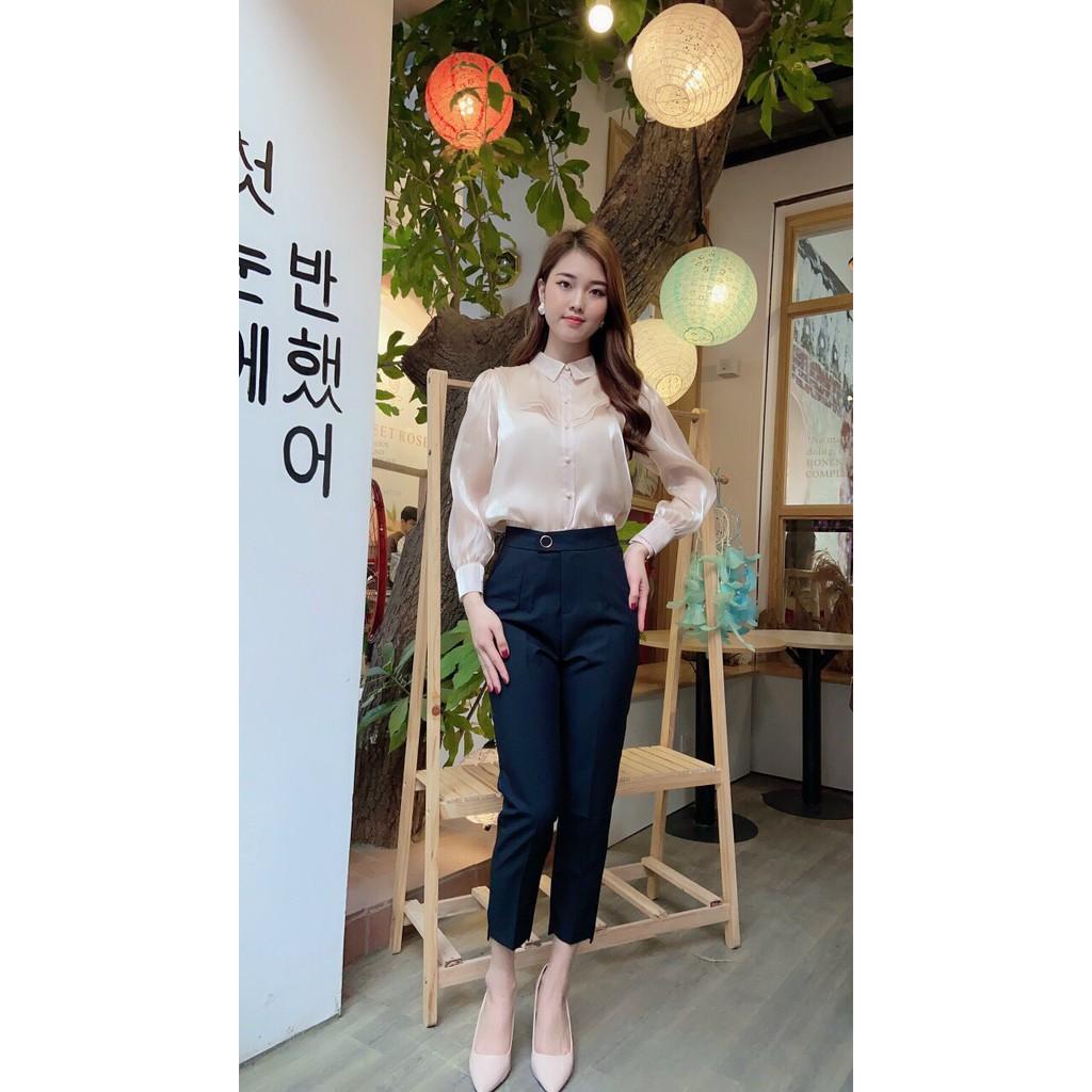 Quần baggy gấu lệchQuần nữ công sở khuy tròn 3 màu chất vitex mịn dầy sành điệu cho nữ