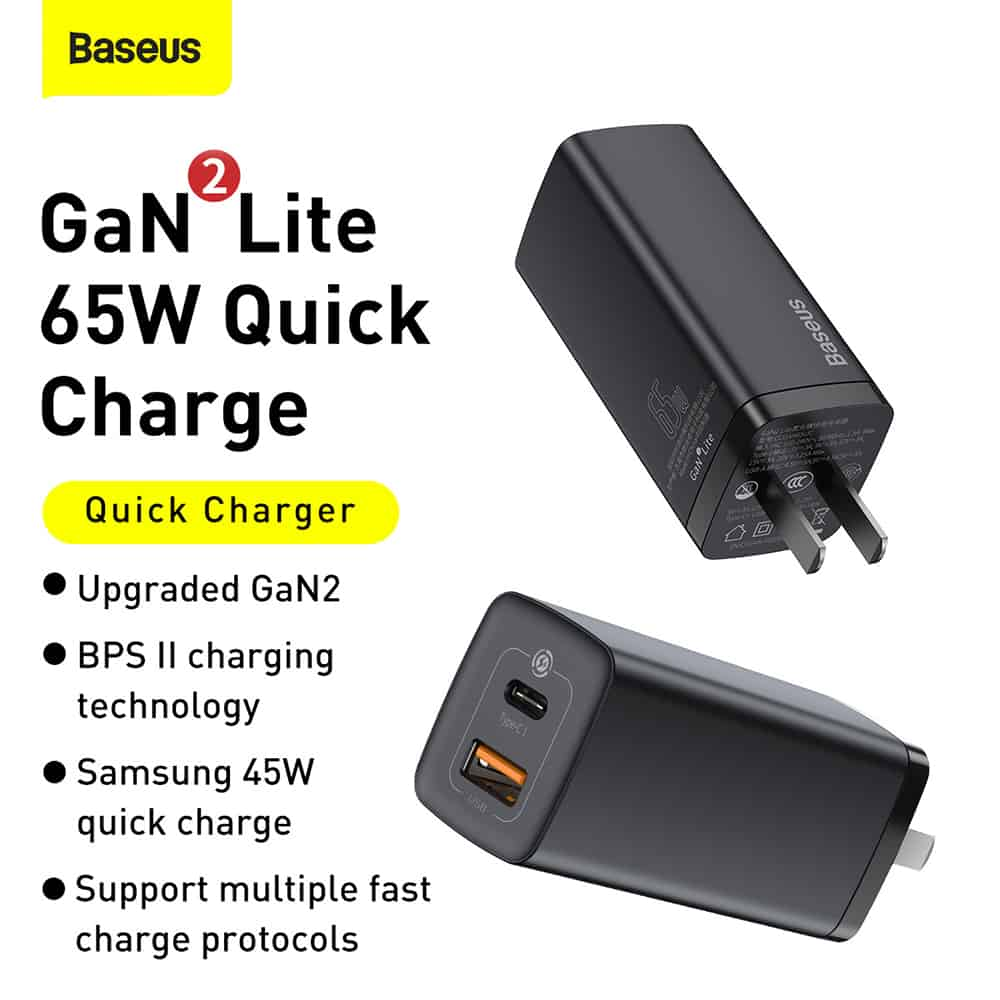 Adapter củ cóc sạc nhanh 65W đa năng USB & PD Type-C hiệu Baseus GaN2 Lite chuẩn sạc nhanh PD 3.0 & QC 4.0 công nghệ GAN thế hệ 2, chip BPS 2.0 - hàng nhập khẩu