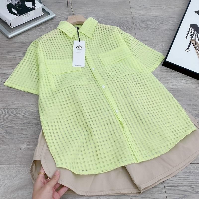 trucmy2205 - Set sơ mi caro xanh cốm mix quần sooc, freesize 40-55kg, tuỳ chiều cao - HÌNH SÀN CHỤP THẬT