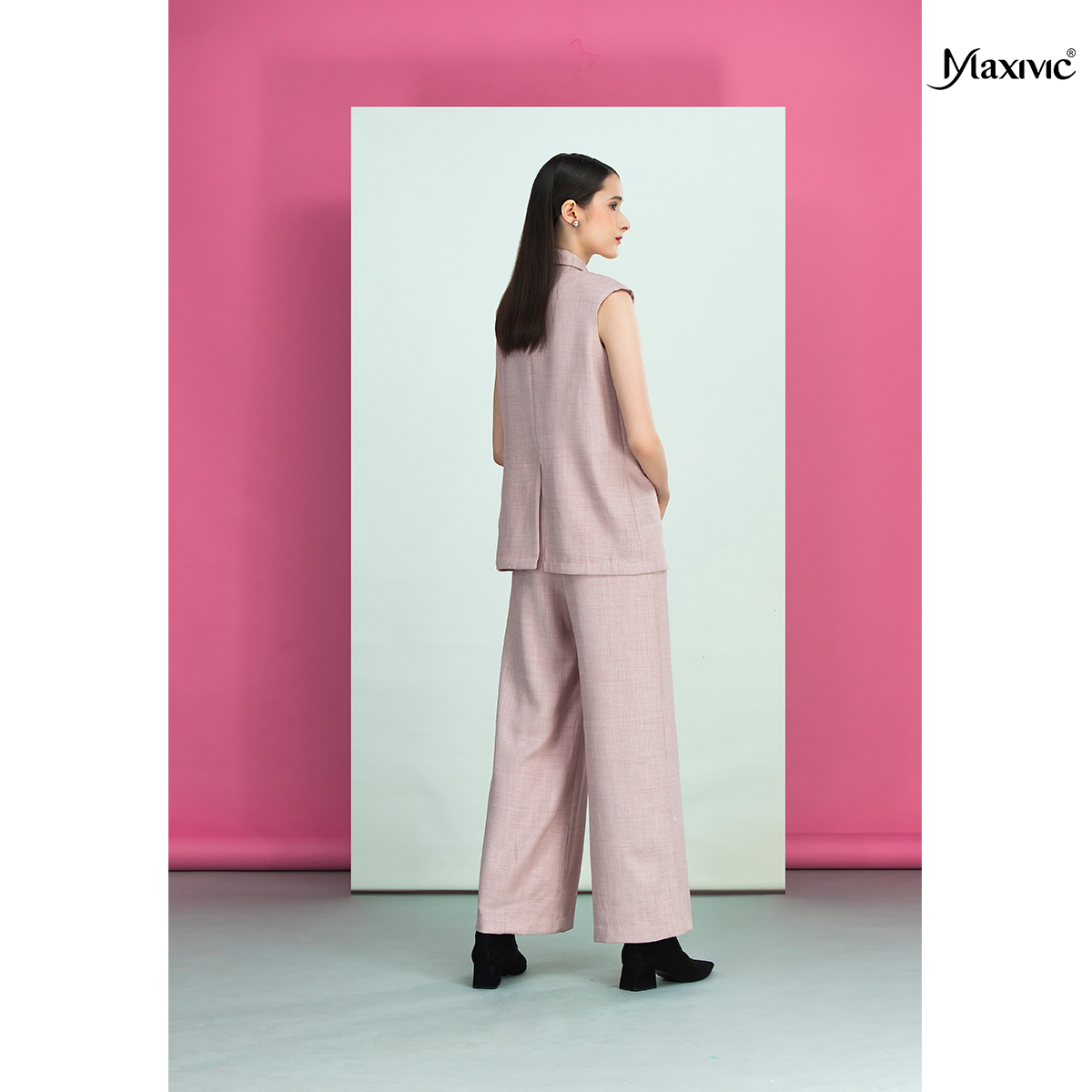 Áo vest hồng cotton bố, cổ đan tông Maxivic M032401A