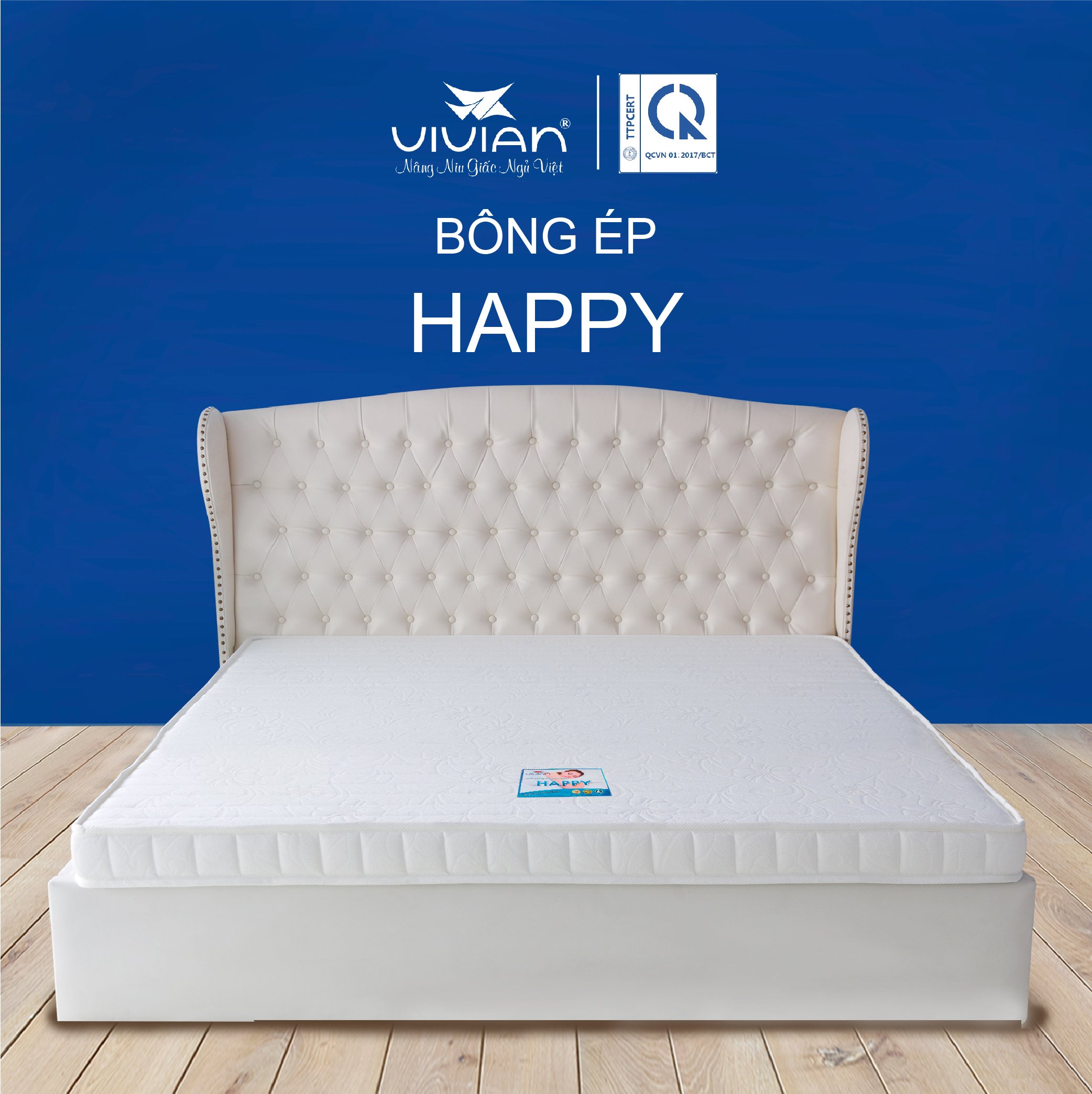 Nệm Bông Ép HAPPY Vivian Thẳng Có Chần - Vải Gấm Damask Cao Cấp - Hoa Văn Màu Sắc Ngẫu Nhiên