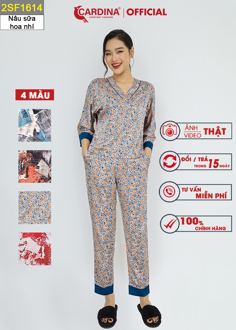 Đồ Bộ Nữ CARDINA Chất Lụa Satin Kiểu Dáng Kimono Nhật Cao Cấp Tay Vừa Quần Dài Họa Tiết 2SF16