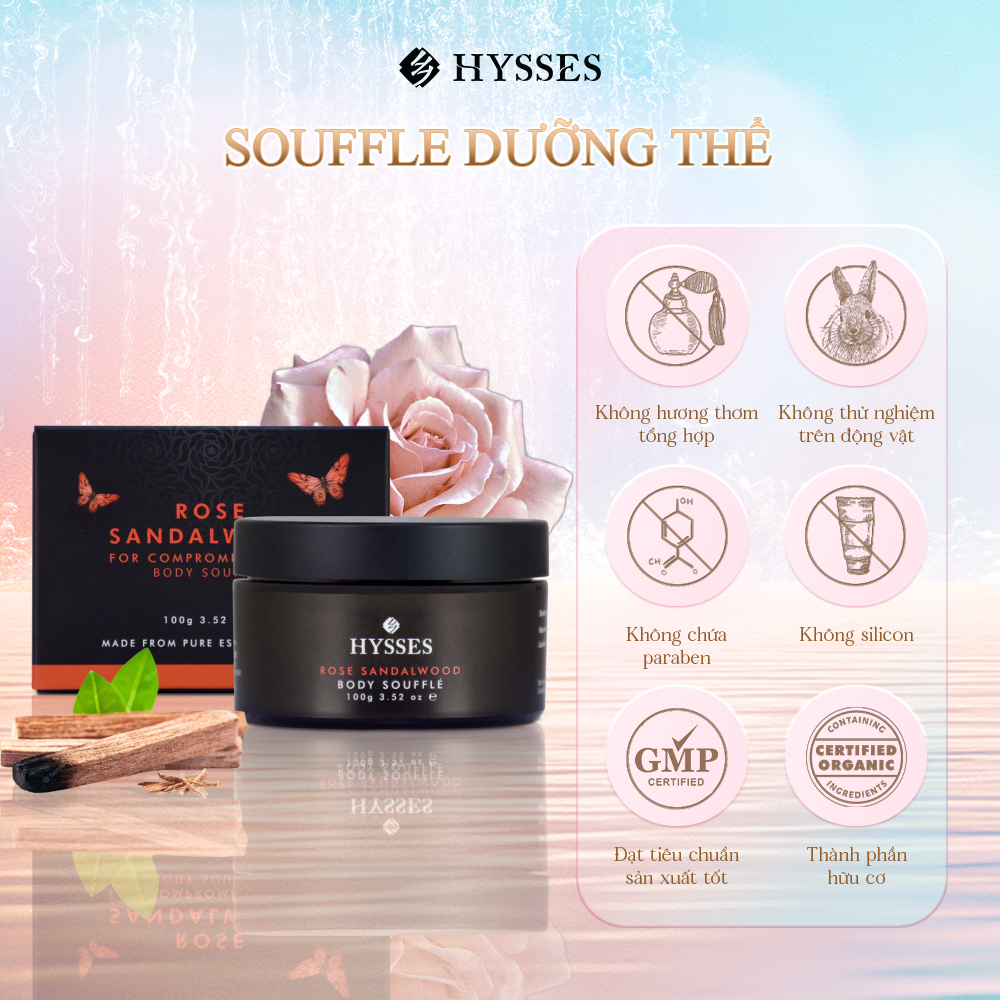 Kem Dưỡng Thể Cao Cấp Hysses Body Souffle Giúp Cấp Ẩm, Phục Hồi, Hỗ Trợ Tình Trạng Viêm Da, Phục Hồi Da Cháy Năng, Chiết Xuất Gỗ Đàn Hương và Hoa Hồng Hữu Cơ