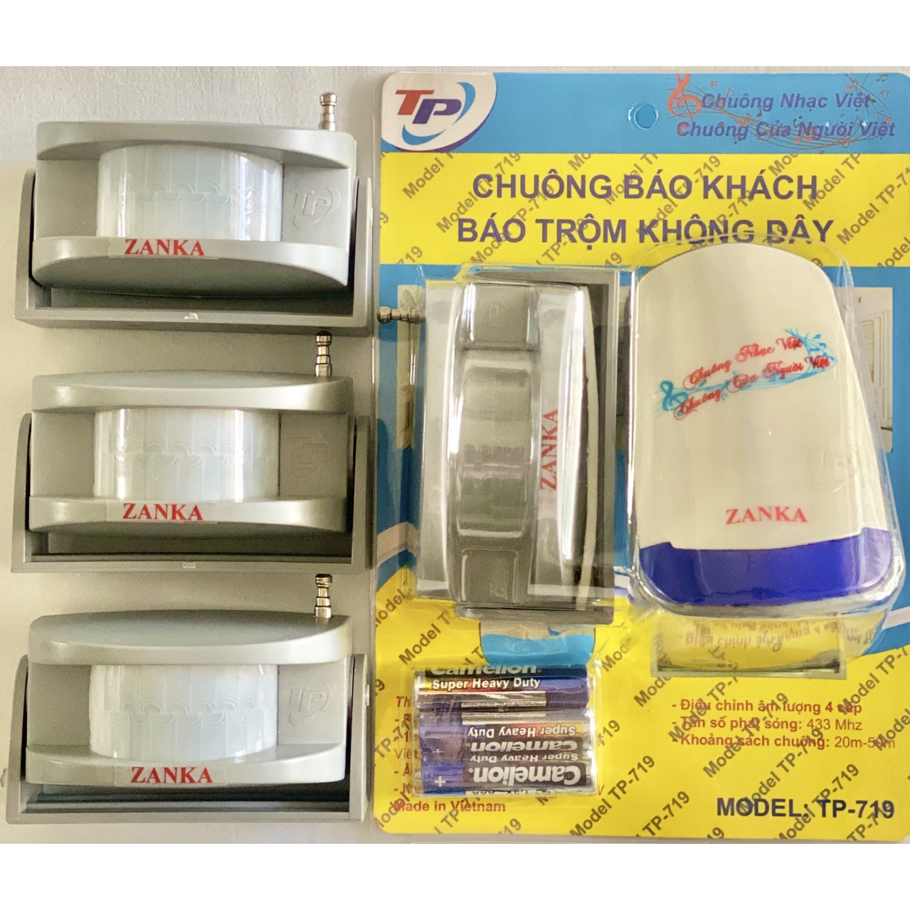 Bộ 4 Mắt hồng ngoại 1 Chuông báo khách không dây Zanka TP719 ( Hàng Chính Hãng )