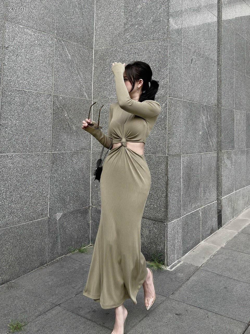 ĐẦM ĐEN MIDI DÀI SUÔNG TRƠN ÔM BODY KHOÉT EO LOE LỬNG THUN GÂN TAY DÀI ĐI TIỆC ĐI CHƠI DẠO PHỐ