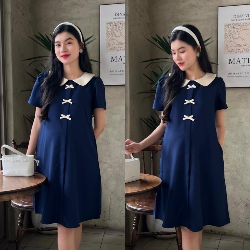 Đầm bầu công sở cổ sen đính 3 nơ dễ thương chất cotton lạnh mềm mịn - Hồng