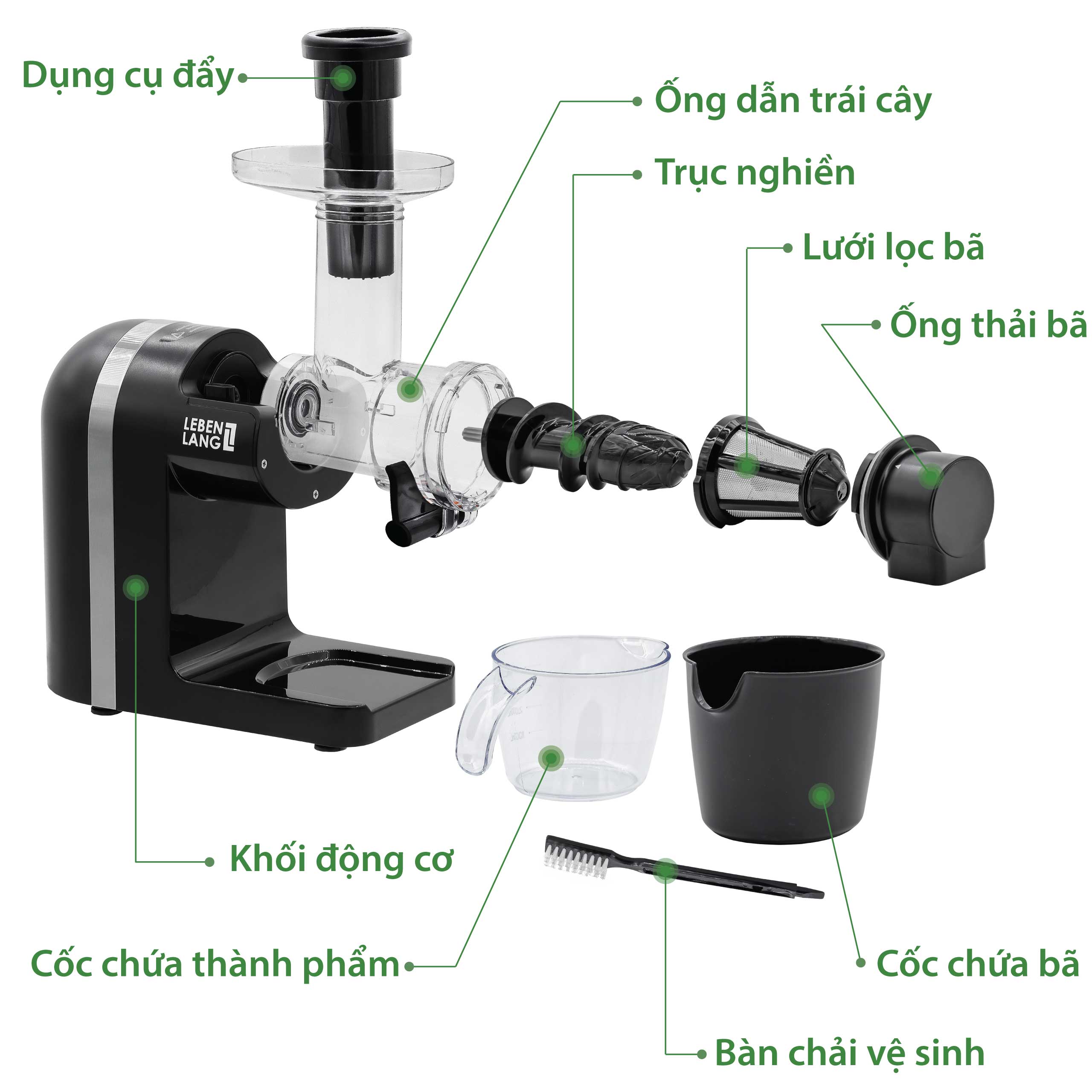 Máy ép chậm đa năng LEBENLANG trục ngang, dung tích 400ml, công suất 200W, model LBSS2204 - hàng chính hãng
