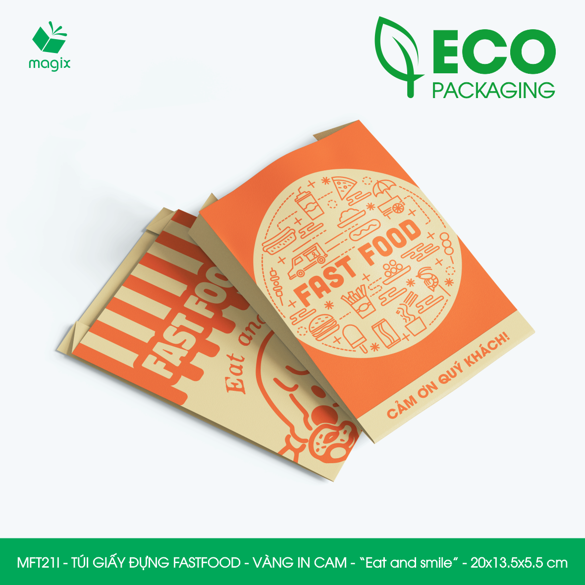 MFT21I - 20x13.5x5.5 cm - 500 Túi giấy Kraft đựng fastfood, túi đựng thực phẩm